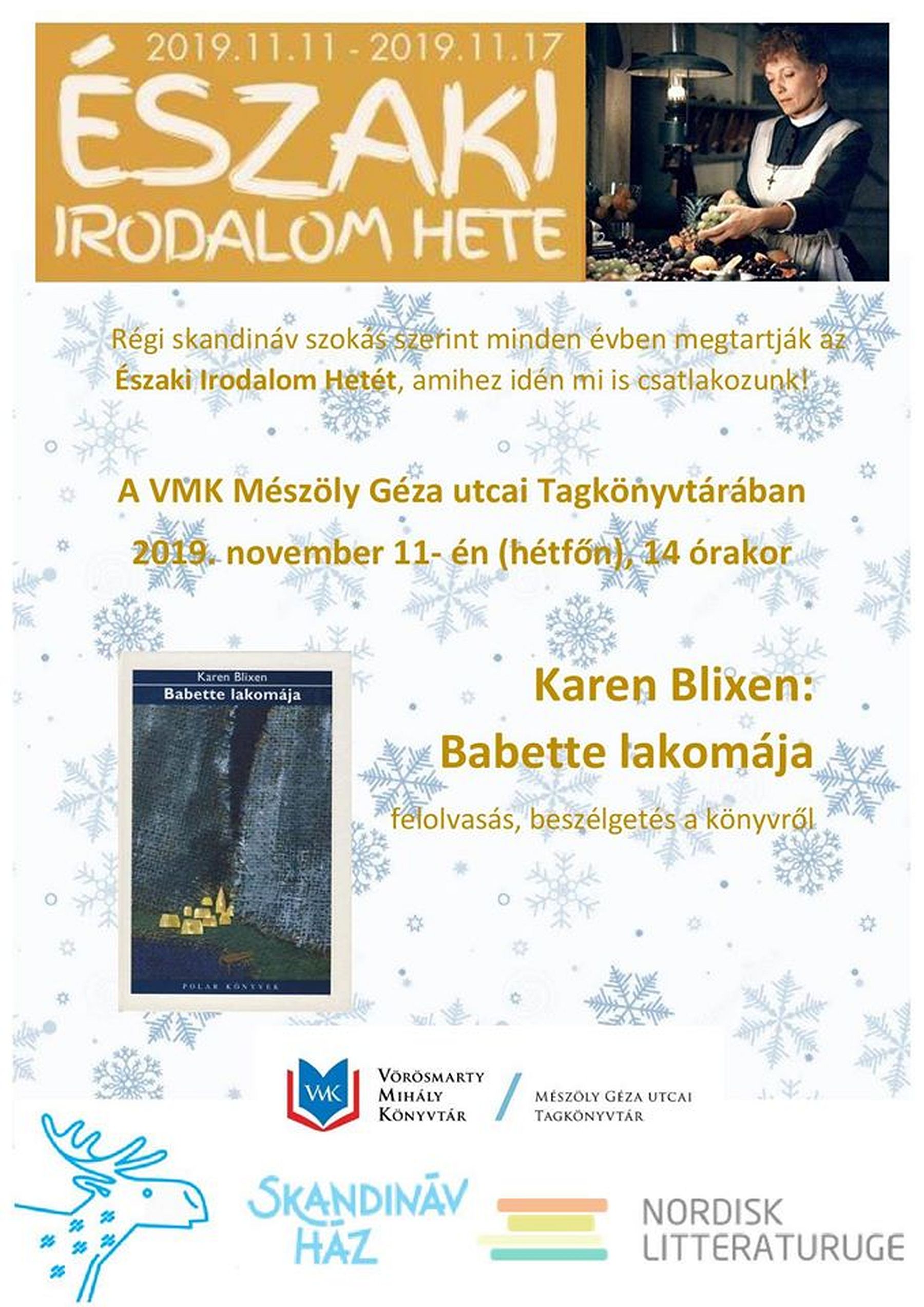 Északi Irodalom Hete - beszélgetés Karen Blixen: Babette lakomája című művéről a Mészöly Géza utcai Tagkönyvtárban